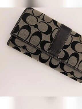 Coach Y2k Vintage Signature Long Wallet Black Beige Canvas Leather Snap Closure